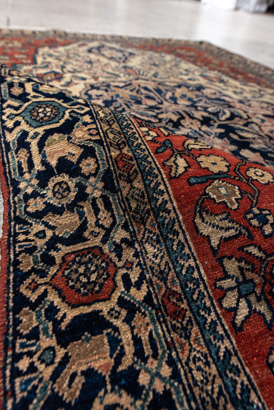 3' x 4' one-of-a-kind handmade antique Far.Sarouk small size rug. Color palette: ivory, navy, rust, slate, camel, teal, blue