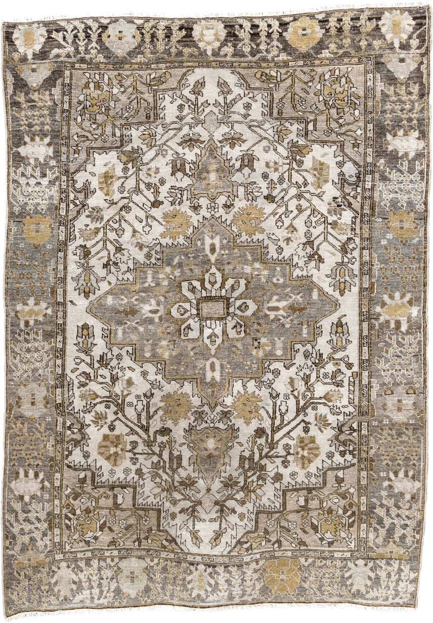 3' x 4' one-of-a-kind handmade antique Far.Sarouk small size rug. Color palette: ivory, taupe, camel, gold, brown, gray