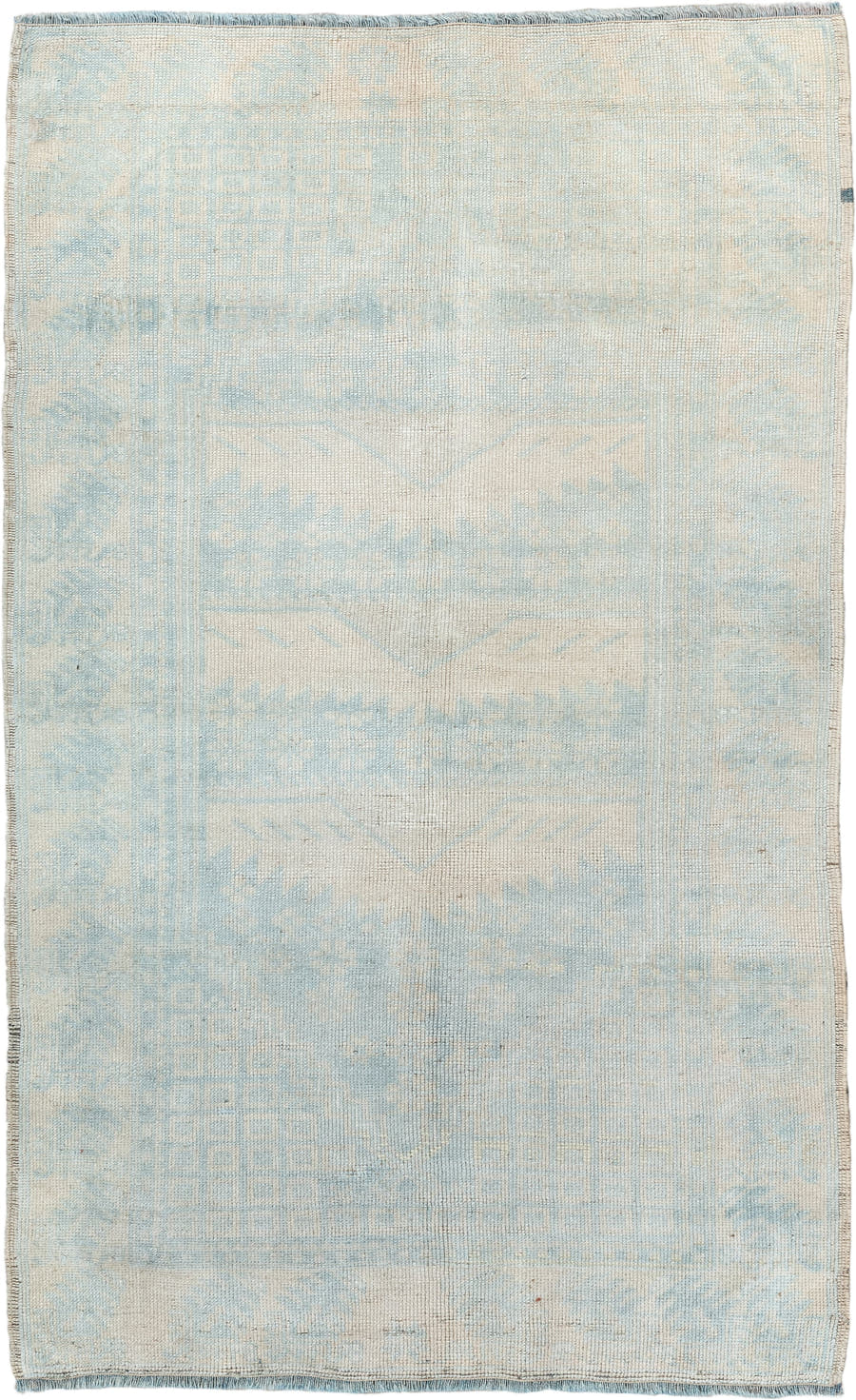 2' x 4' one-of-a-kind handmade vintage Anatolian small size rug. Color palette: ivory, pale blue, cream, sky blue