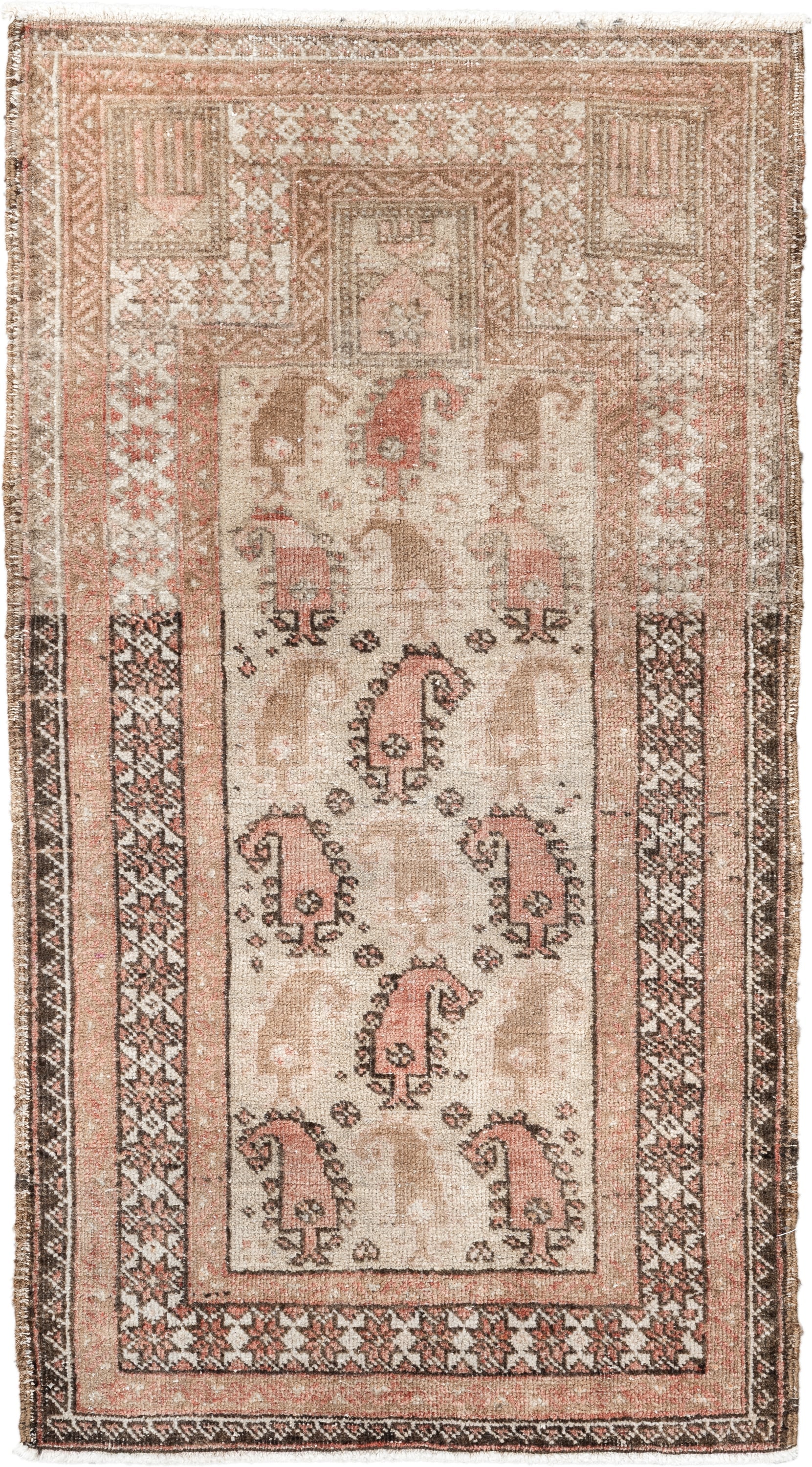 1' x 3' one-of-a-kind handmade vintage Belouch small size rug. Color palette: ivory, camel, blush, brown, charcoal, rose