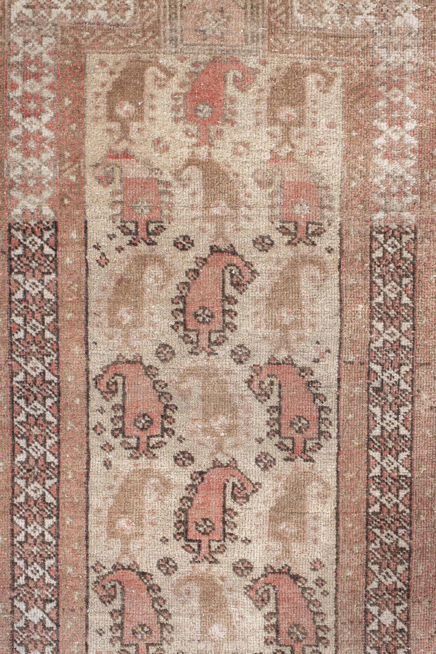 1' x 3' one-of-a-kind handmade vintage Belouch small size rug. Color palette: ivory, camel, blush, brown, charcoal, rose