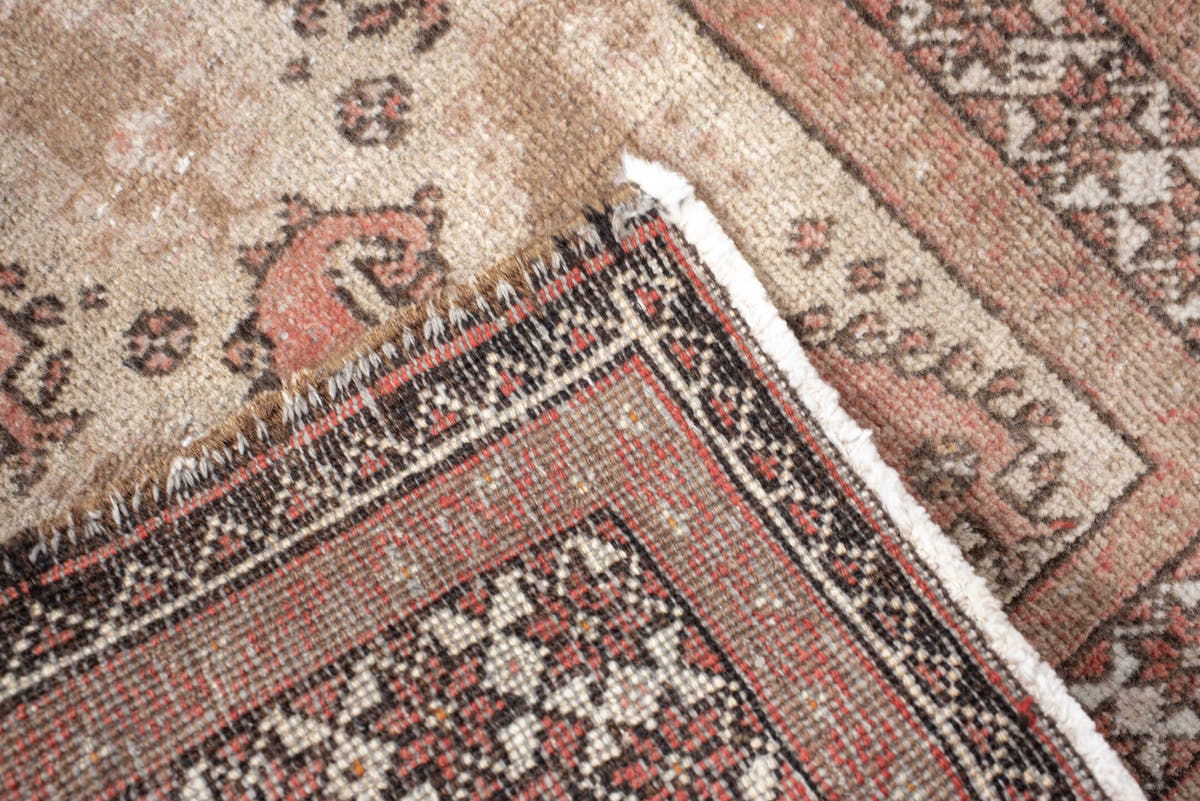 1' x 3' one-of-a-kind handmade vintage Belouch small size rug. Color palette: ivory, camel, blush, brown, charcoal, rose