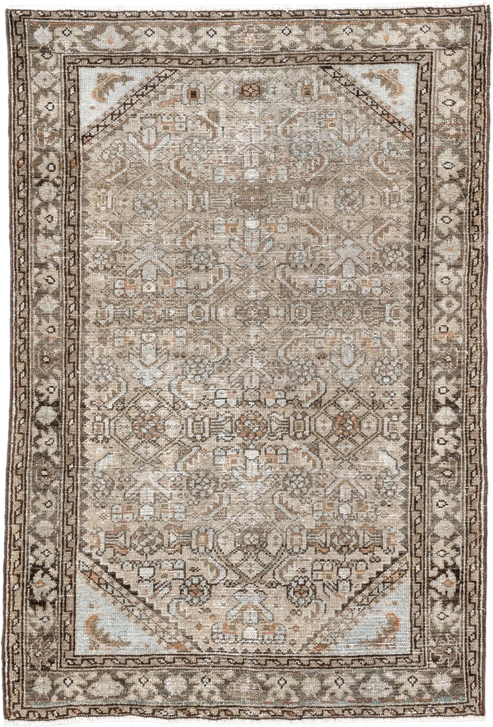 2' x 4' one-of-a-kind handmade vintage Malayer small size rug. Color palette: taupe, ivory, brown, terra cotta, camel