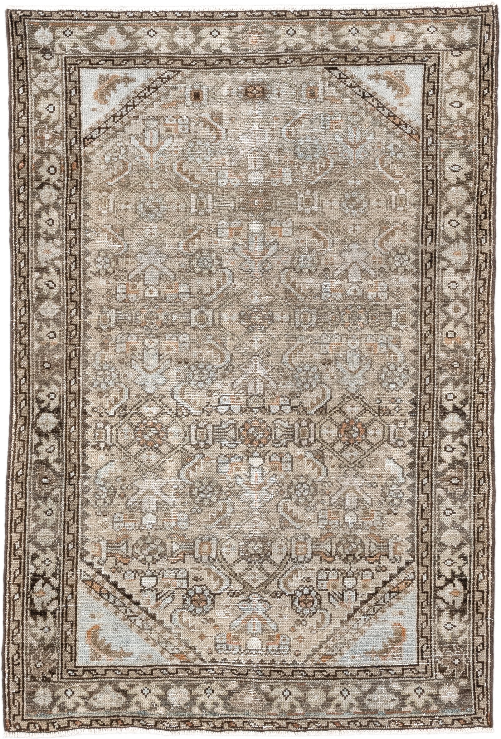 2' x 4' one-of-a-kind handmade vintage Malayer small size rug. Color palette: taupe, ivory, brown, terra cotta, camel