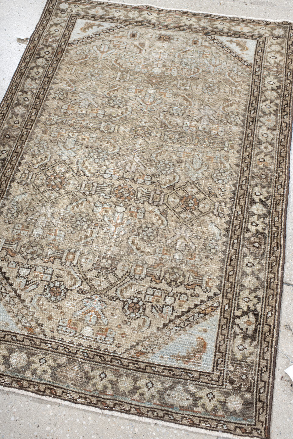 2' x 4' one-of-a-kind handmade vintage Malayer small size rug. Color palette: taupe, ivory, brown, terra cotta, camel