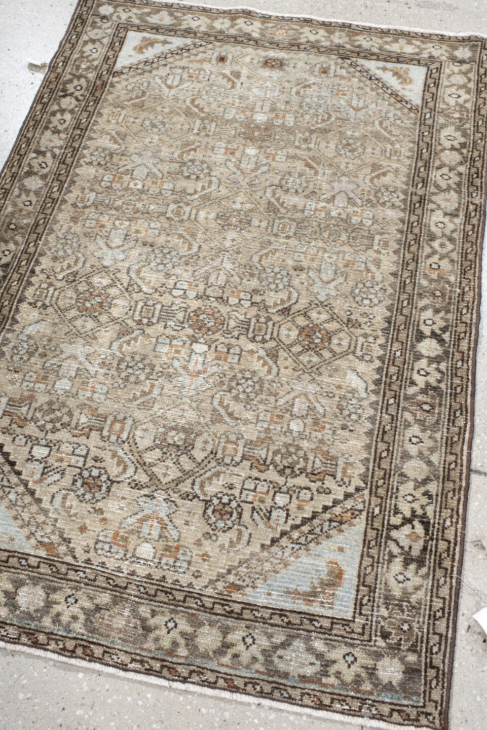 2' x 4' one-of-a-kind handmade vintage Malayer small size rug. Color palette: taupe, ivory, brown, terra cotta, camel
