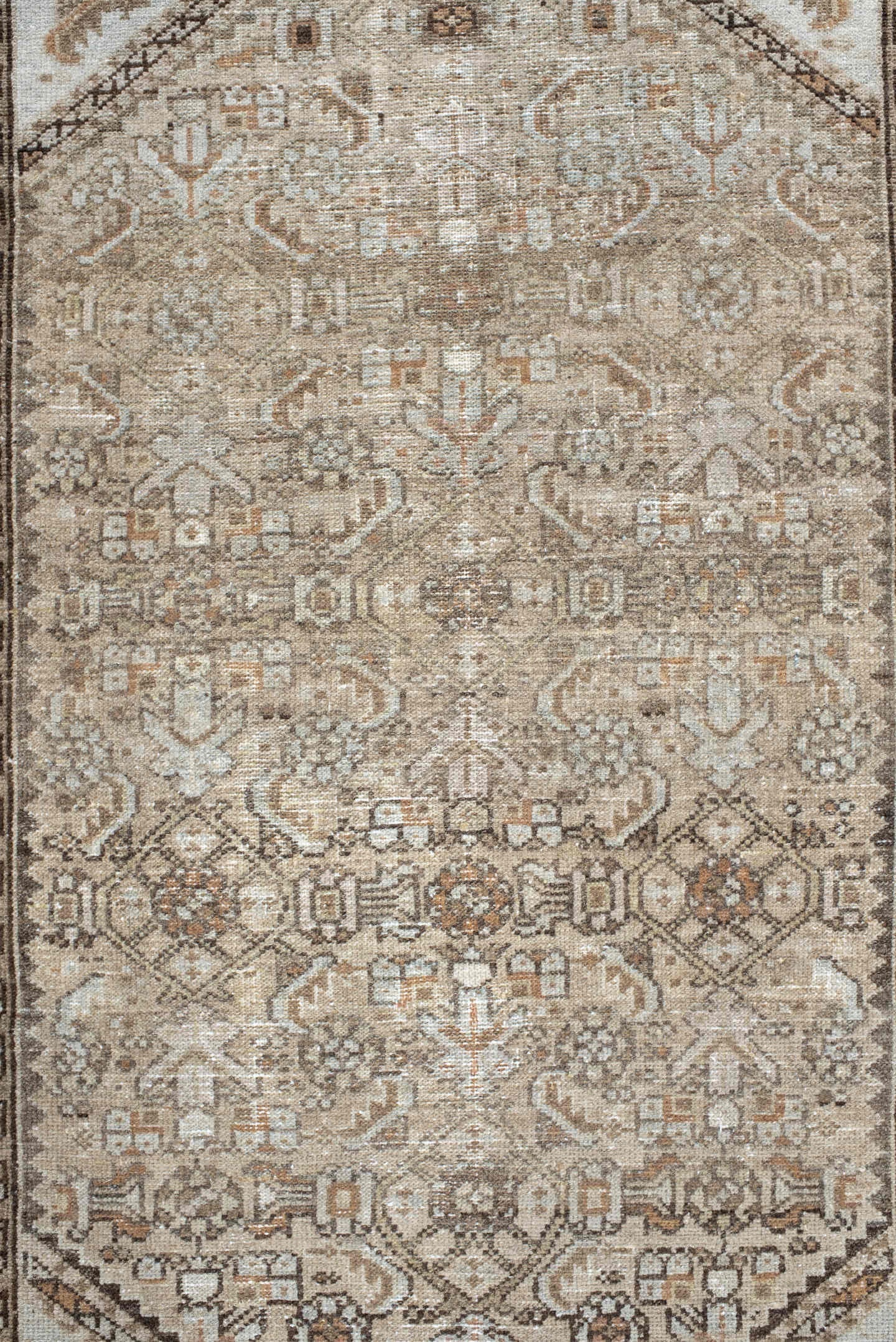2' x 4' one-of-a-kind handmade vintage Malayer small size rug. Color palette: taupe, ivory, brown, terra cotta, camel