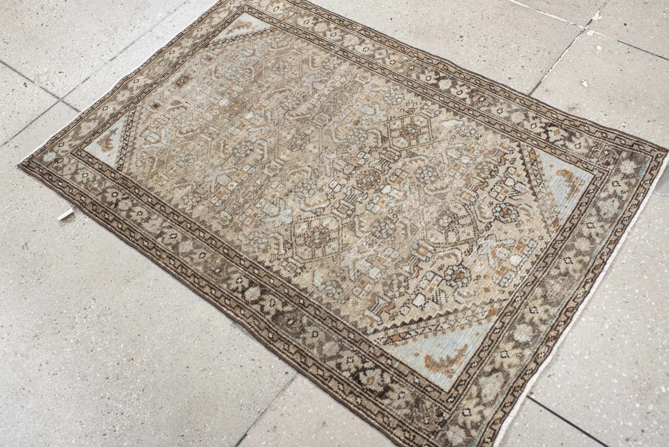 2' x 4' one-of-a-kind handmade vintage Malayer small size rug. Color palette: taupe, ivory, brown, terra cotta, camel