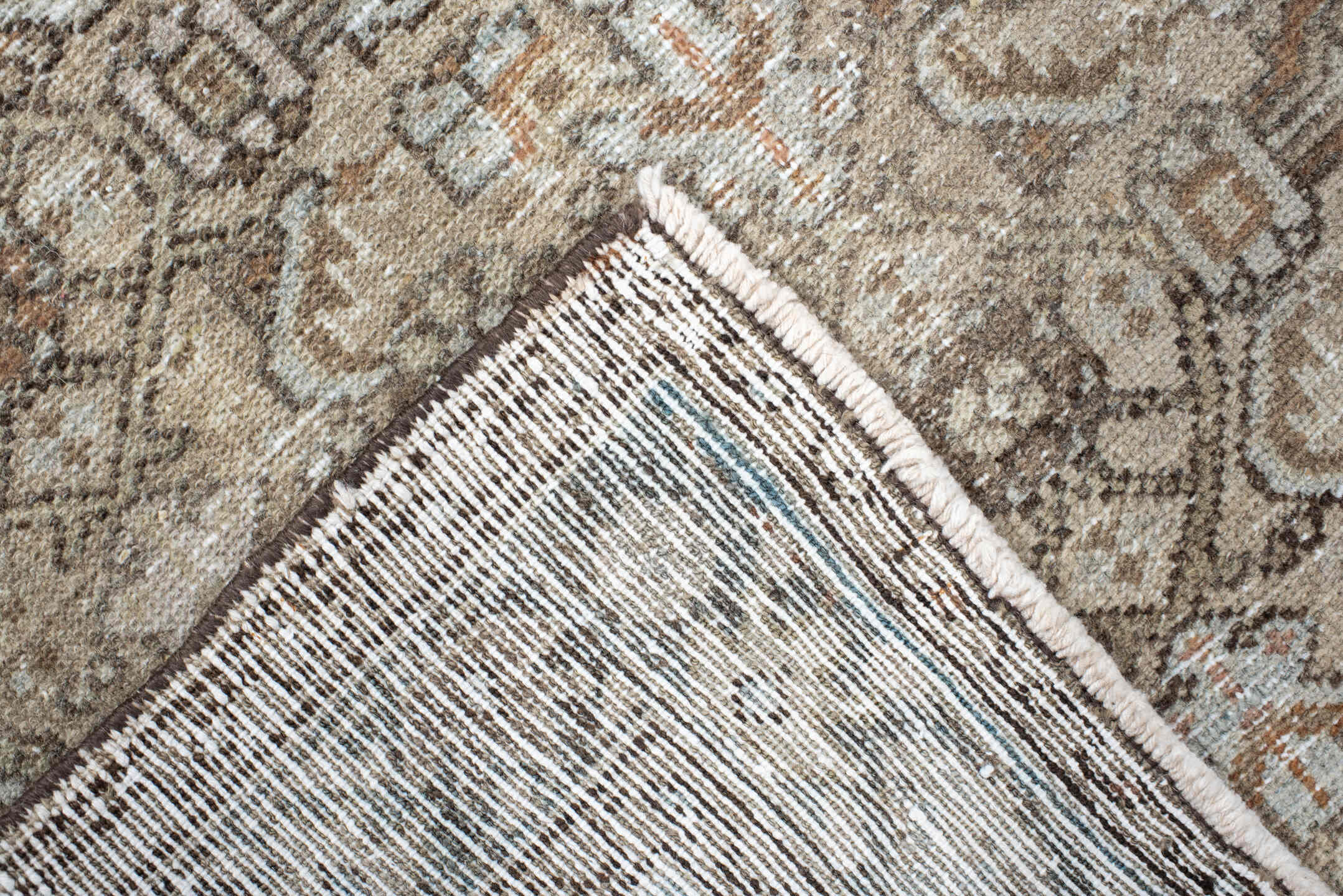 2' x 4' one-of-a-kind handmade vintage Malayer small size rug. Color palette: taupe, ivory, brown, terra cotta, camel