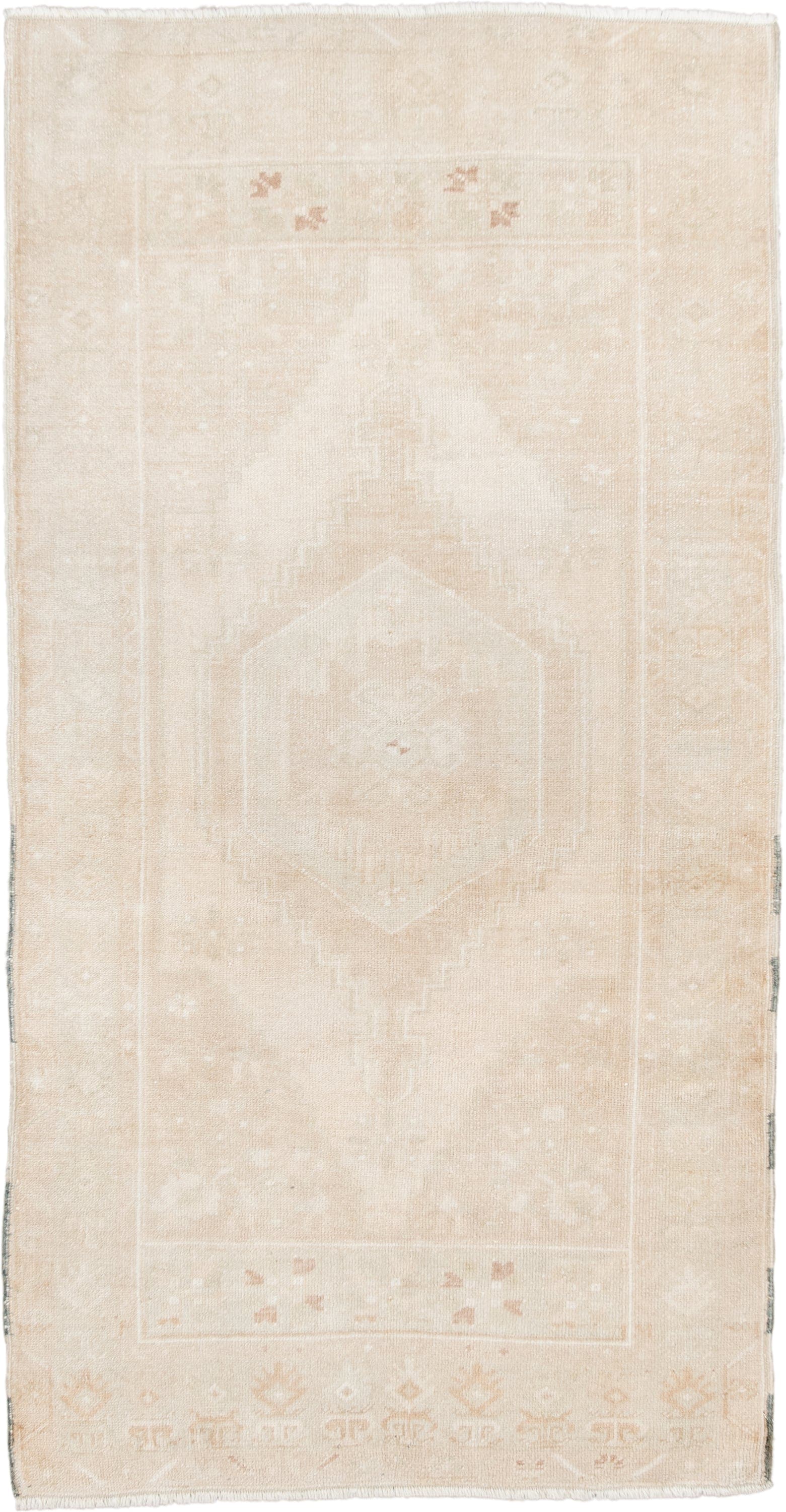 3' x 6' one-of-a-kind handmade antique Oushak small size rug. Color palette: ivory, cream, blush, beige, taupe, pink, gray