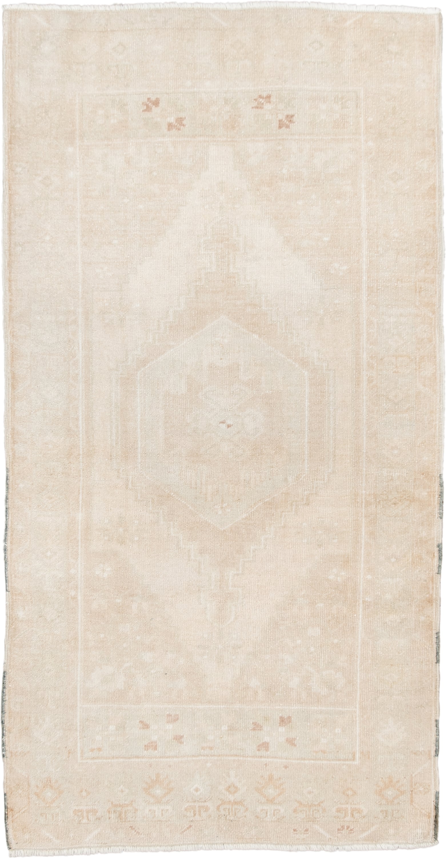 3' x 6' one-of-a-kind handmade antique Oushak small size rug. Color palette: ivory, cream, blush, beige, taupe, pink, gray