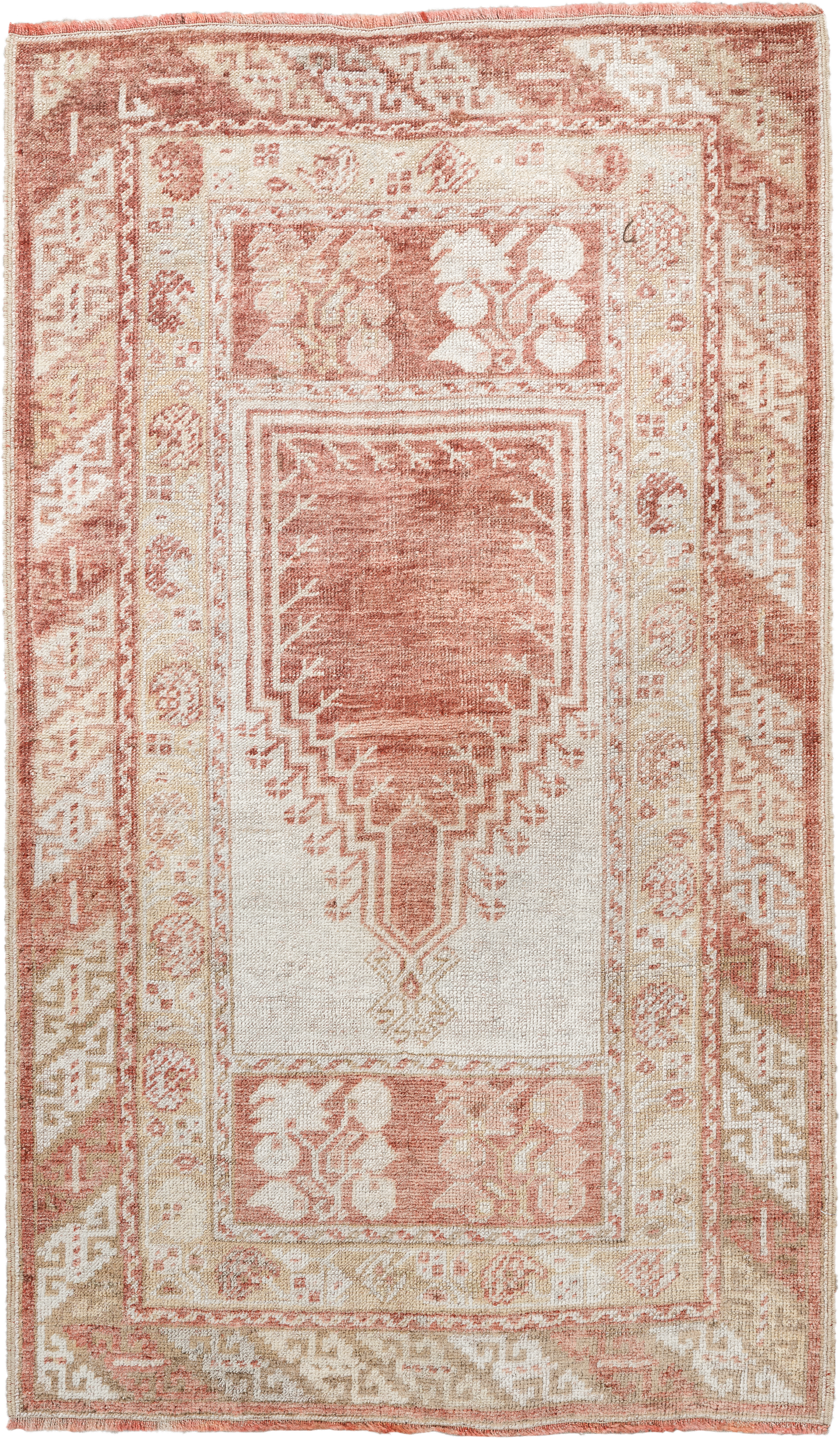 2' x 4' one-of-a-kind handmade antique Anatolian small size rug. Color palette: ivory, terra cotta, sand, blush, camel