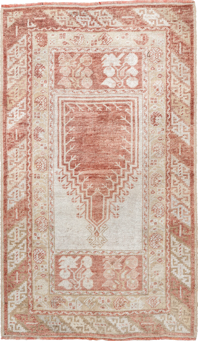 2' x 4' one-of-a-kind handmade vintage Anatolian small size rug. Color palette: brown, floral white, gray, light gray, linen