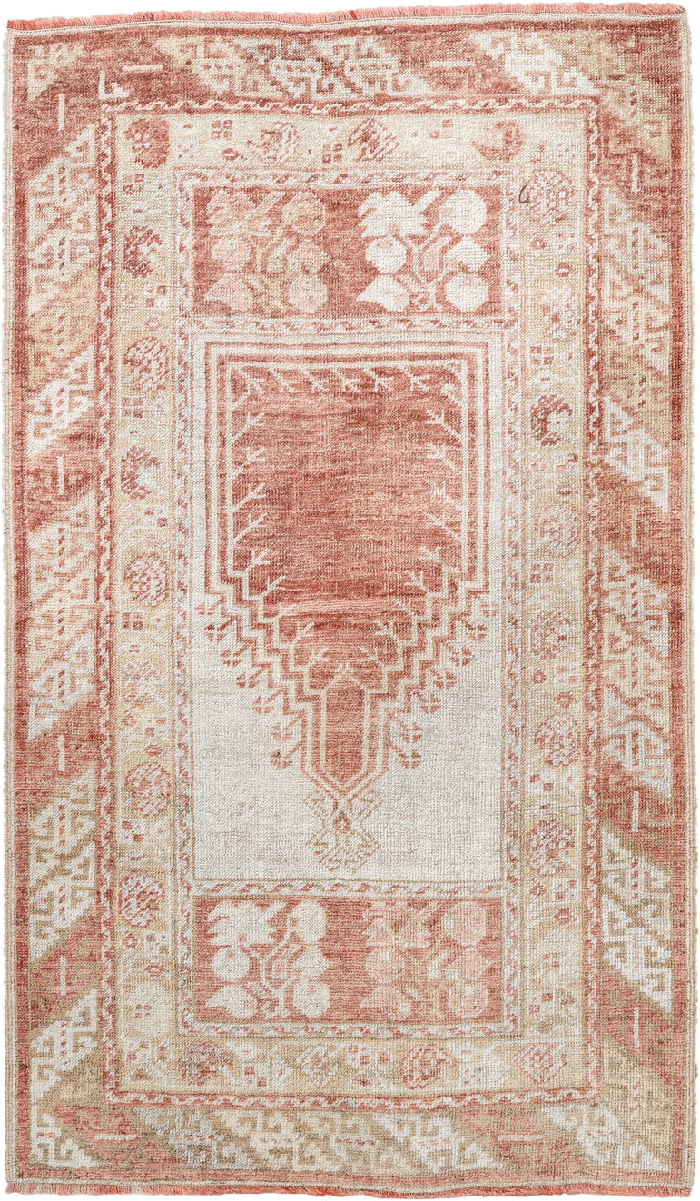 2' x 4' one-of-a-kind handmade antique Anatolian small size rug. Color palette: ivory, terra cotta, sand, blush, camel