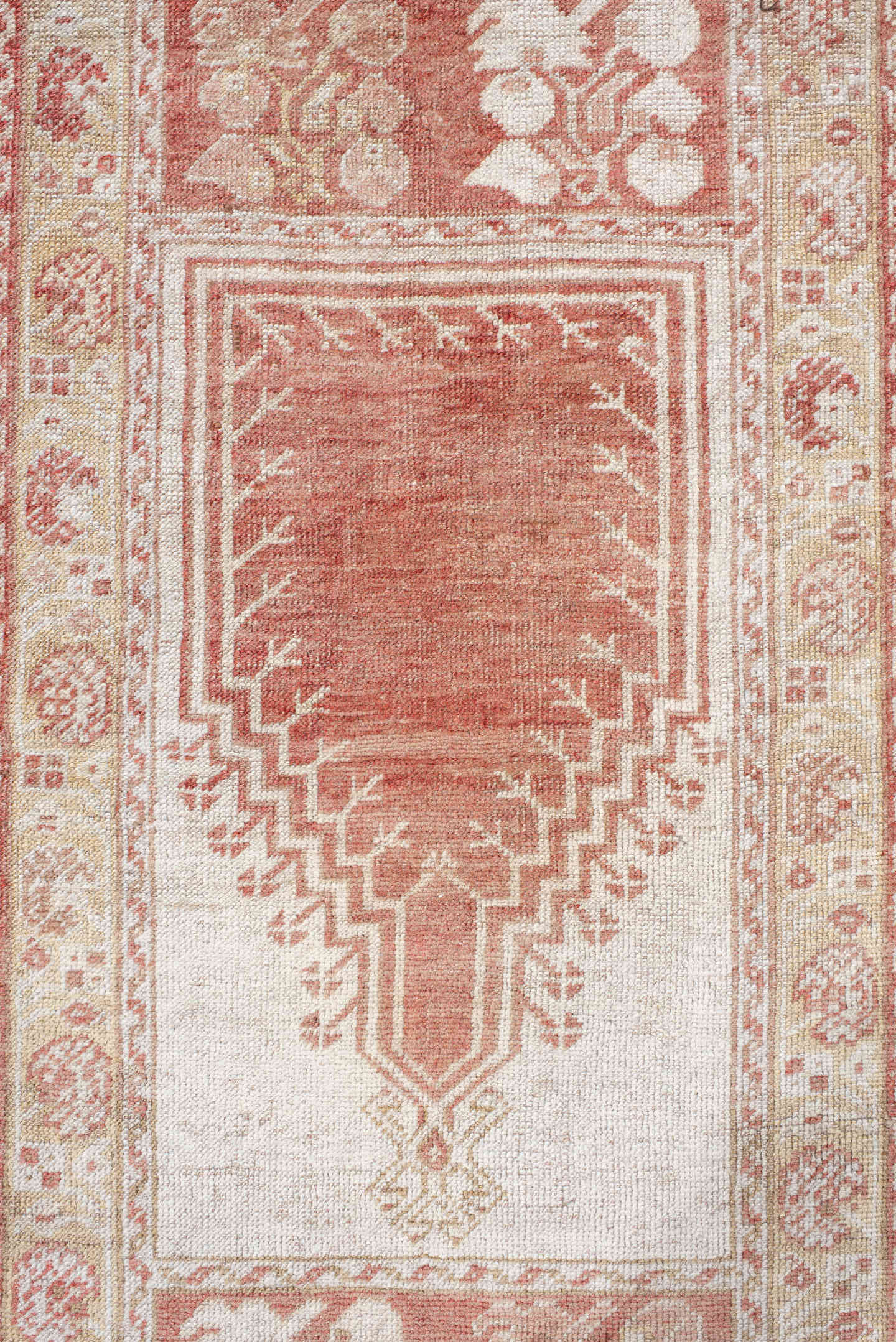 2' x 4' one-of-a-kind handmade antique Anatolian small size rug. Color palette: ivory, terra cotta, sand, blush, camel