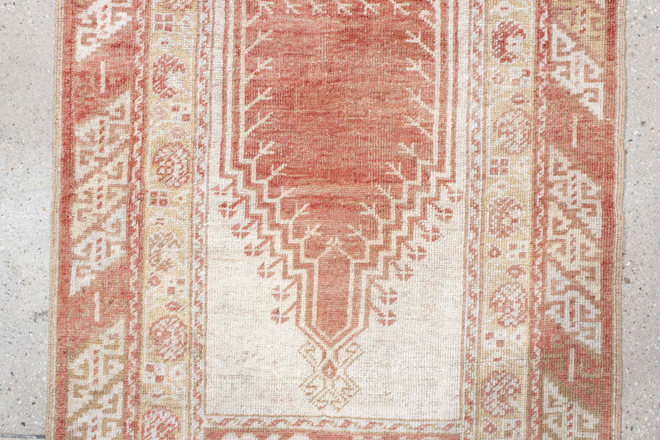 2' x 4' one-of-a-kind handmade antique Anatolian small size rug. Color palette: ivory, terra cotta, sand, blush, camel