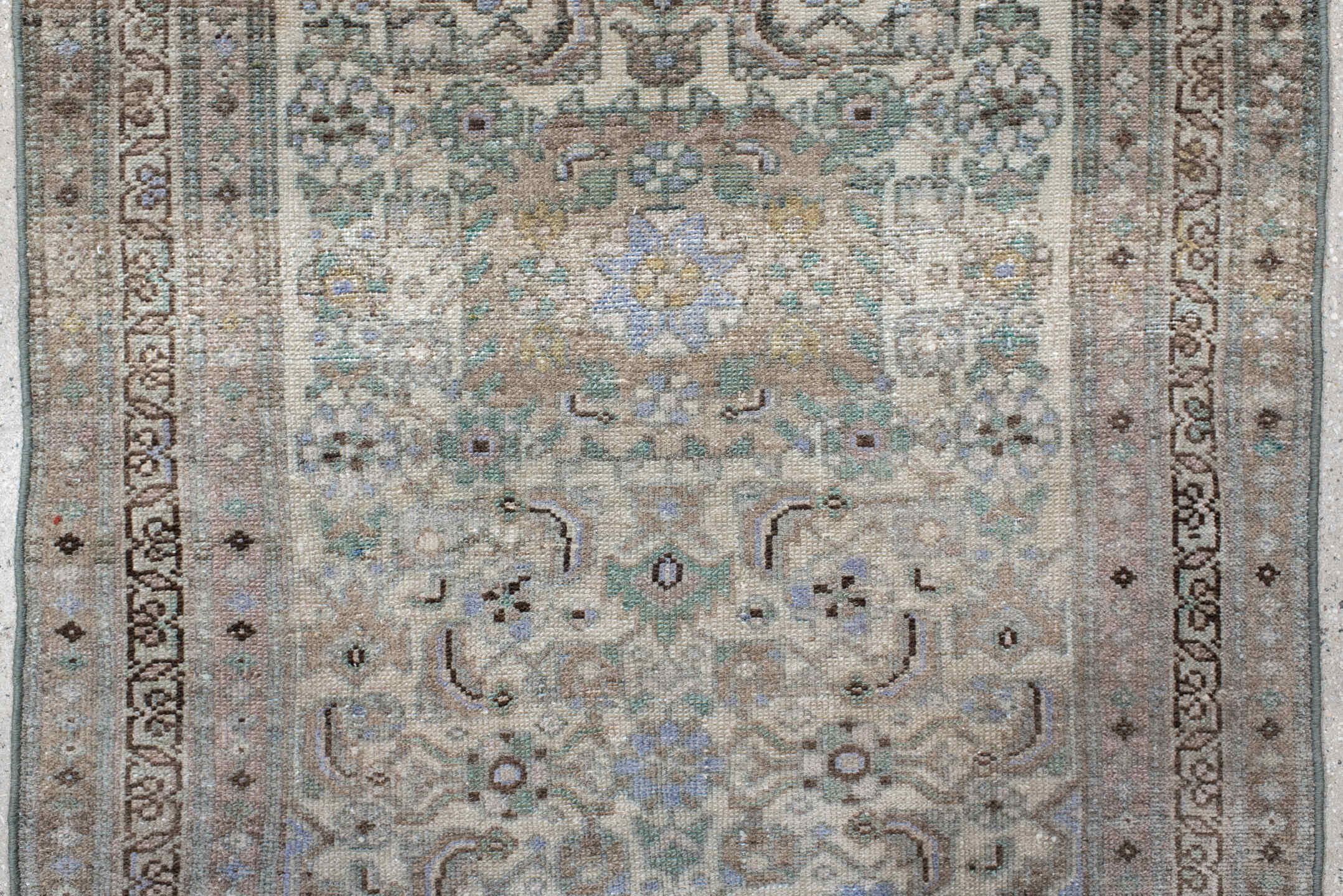 2' x 4' one-of-a-kind handmade vintage Malayer small size rug. Color palette: gray, light gray, off-white, black, light blue