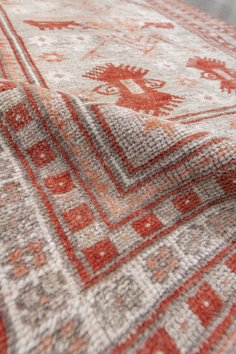 3' x 4' one-of-a-kind handmade vintage Anatol small size rug. Color palette: brown, gray, light gray, off-white, pink, red