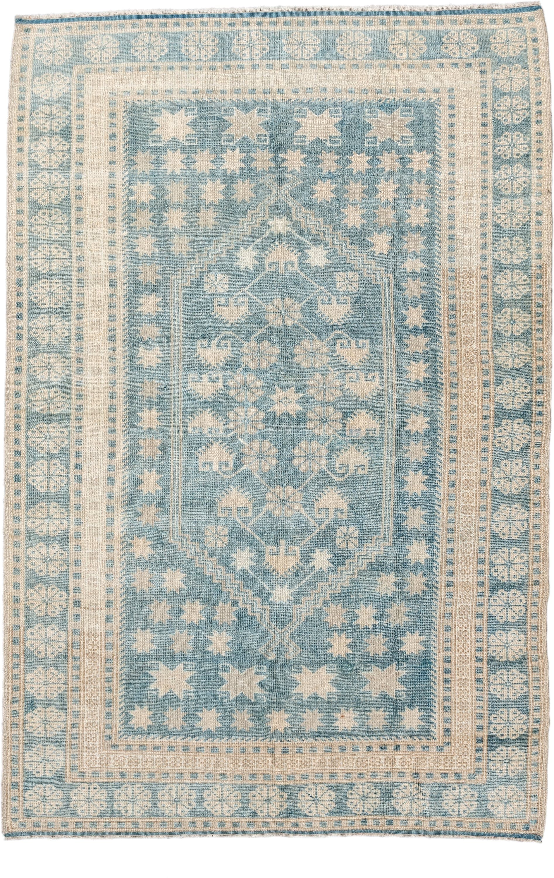 3' x 5' one-of-a-kind handmade antique Ardebil small size rug. Color palette: ivory, sky blue, beige, camel, light blue