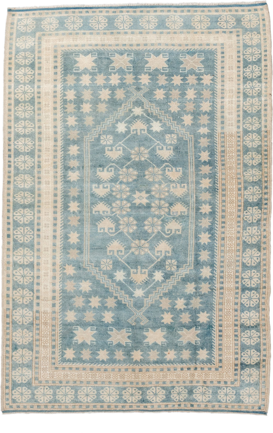 3' x 5' one-of-a-kind handmade antique Ardebil small size rug. Color palette: ivory, sky blue, beige, camel, light blue