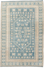 3' x 5' one-of-a-kind handmade antique Ardebil small size rug. Color palette: ivory, sky blue, beige, camel, light blue