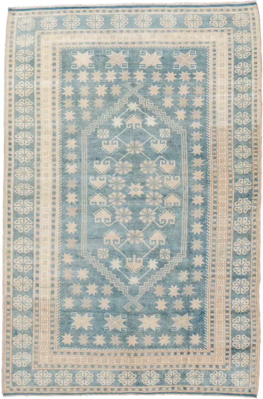 3' x 5' one-of-a-kind handmade antique Ardebil small size rug. Color palette: ivory, sky blue, beige, camel, light blue