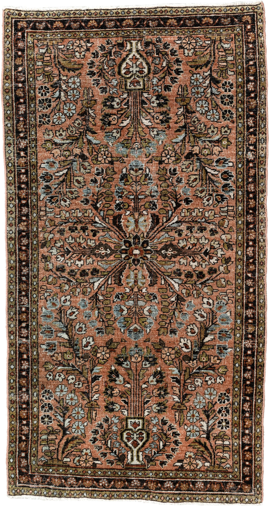 2' x 4' one-of-a-kind handmade vintage Sarouk small size rug. Color palette: salmon, brown, ivory, sage, charcoal, olive