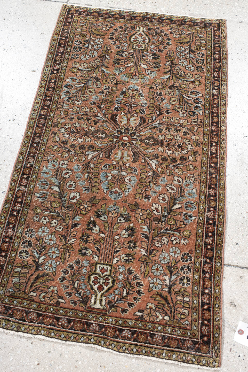 2' x 4' one-of-a-kind handmade vintage Sarouk small size rug. Color palette: salmon, brown, ivory, sage, charcoal, olive