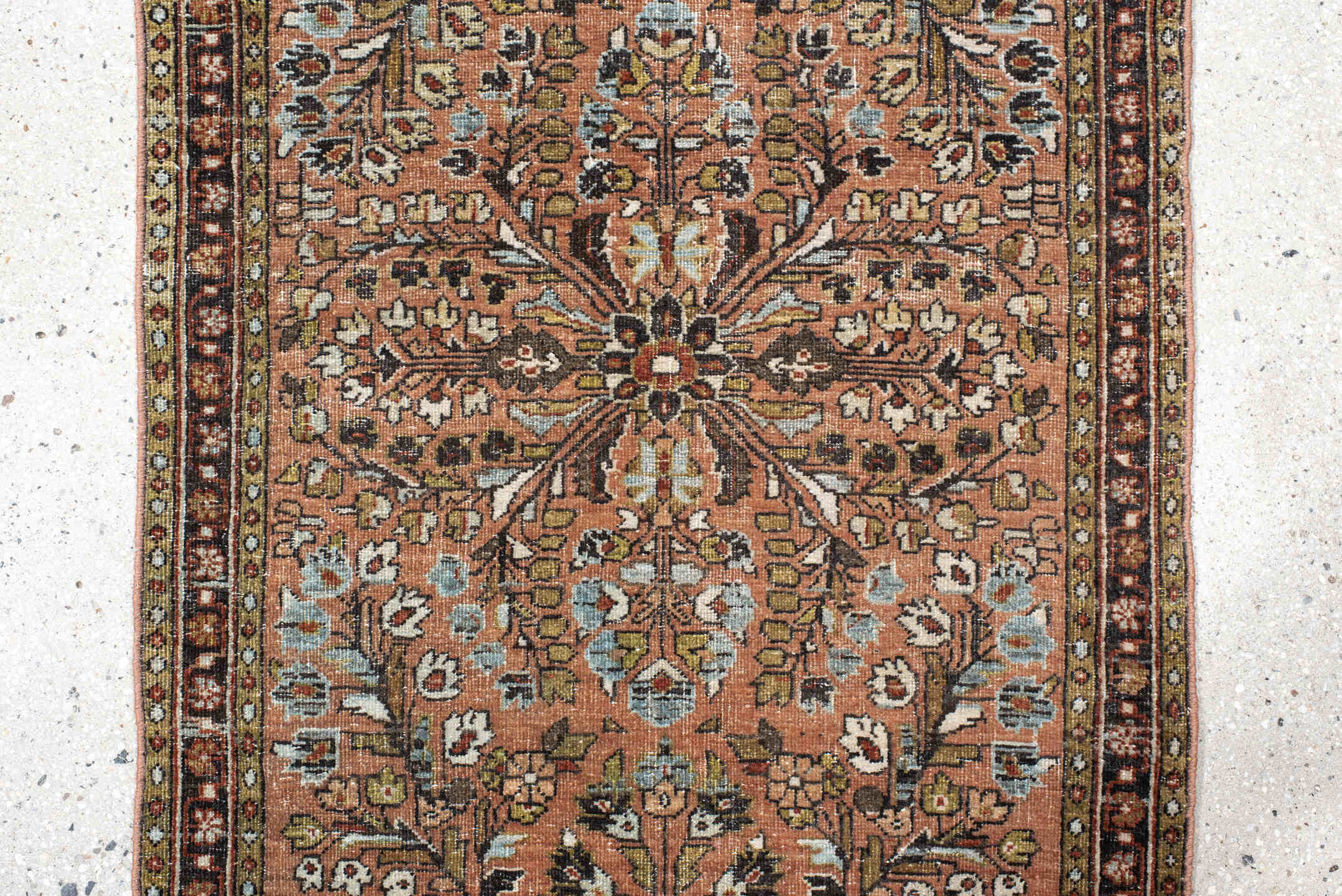 2' x 4' one-of-a-kind handmade vintage Sarouk small size rug. Color palette: salmon, brown, ivory, sage, charcoal, olive