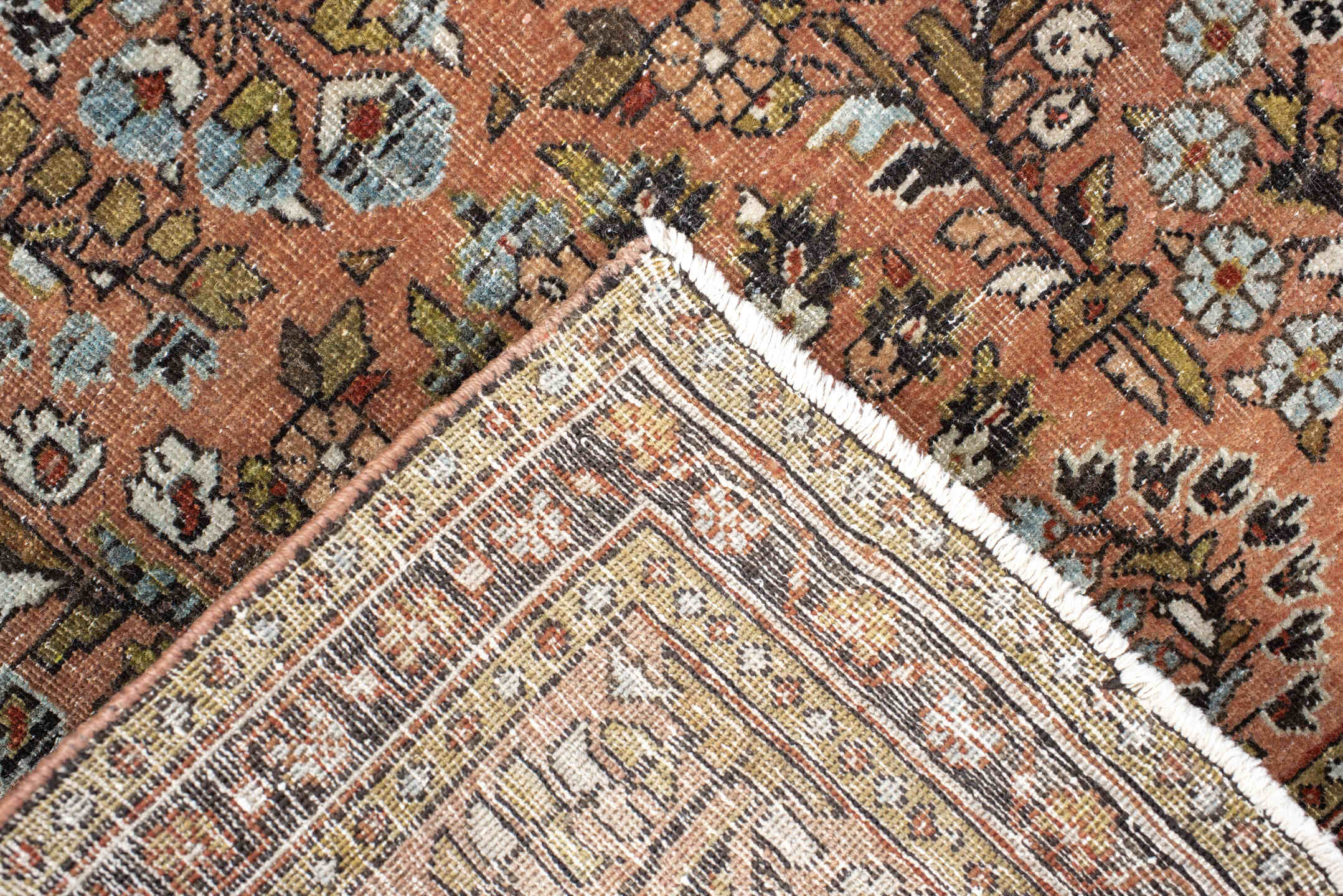 2' x 4' one-of-a-kind handmade vintage Sarouk small size rug. Color palette: salmon, brown, ivory, sage, charcoal, olive
