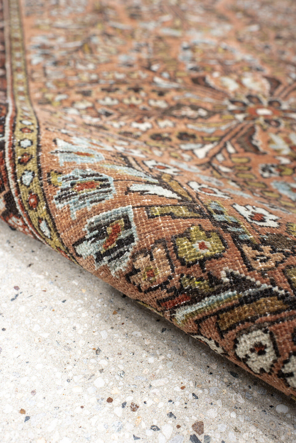 2' x 4' one-of-a-kind handmade vintage Sarouk small size rug. Color palette: salmon, brown, ivory, sage, charcoal, olive