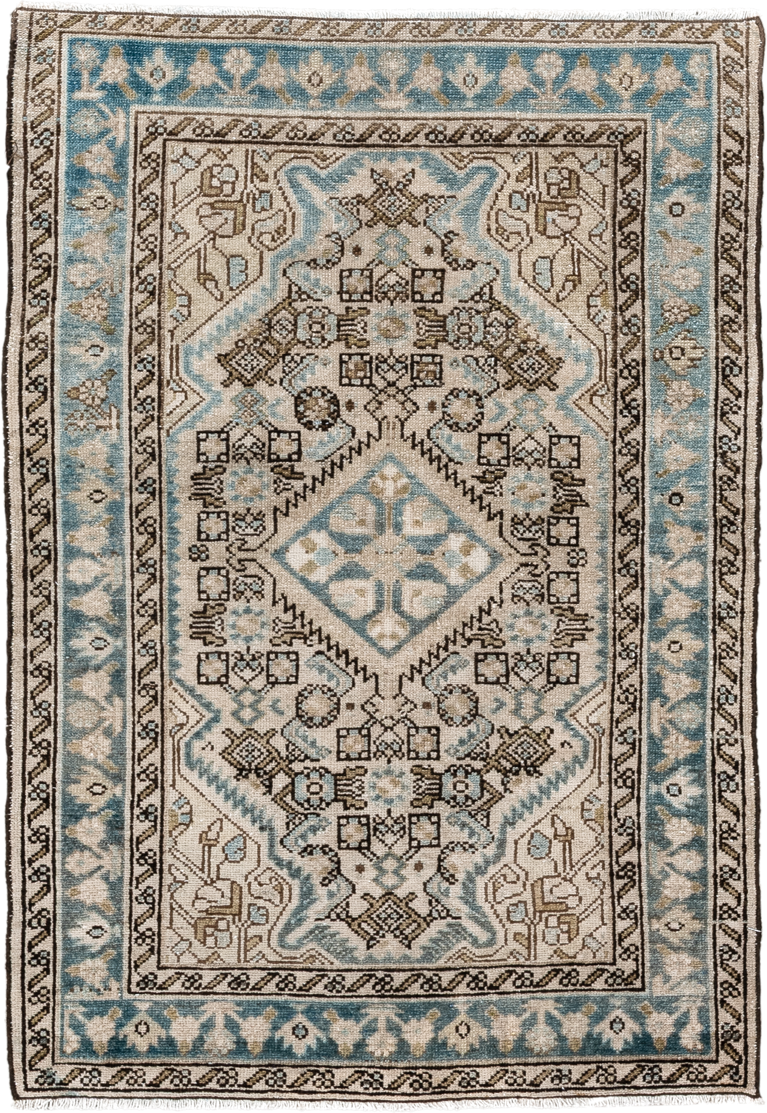 2' x 3' one-of-a-kind handmade vintage Malayer small size rug. Color palette: ivory, sky blue, brown, taupe, charcoal