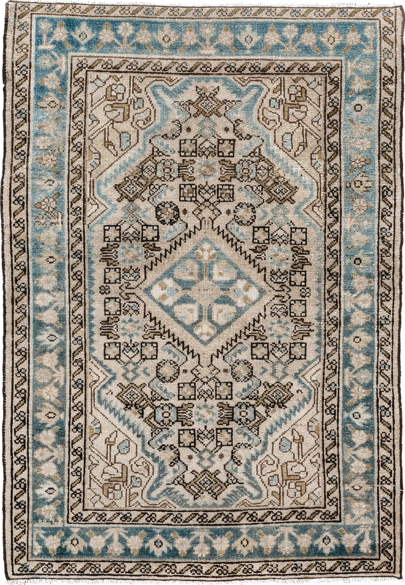 2' x 3' one-of-a-kind handmade vintage Malayer small size rug. Color palette: brown, gray, light gray, blue, off-white