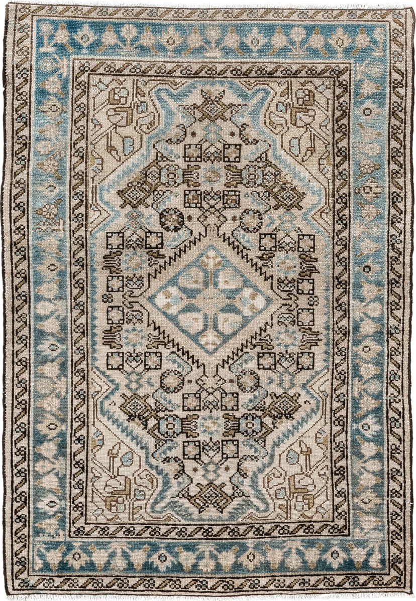 2' x 3' one-of-a-kind handmade vintage Malayer small size rug. Color palette: ivory, sky blue, brown, taupe, charcoal
