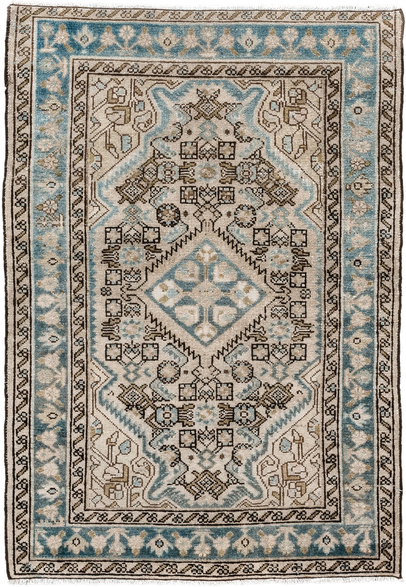 2' x 3' one-of-a-kind handmade vintage Malayer small size rug. Color palette: ivory, sky blue, brown, taupe, charcoal