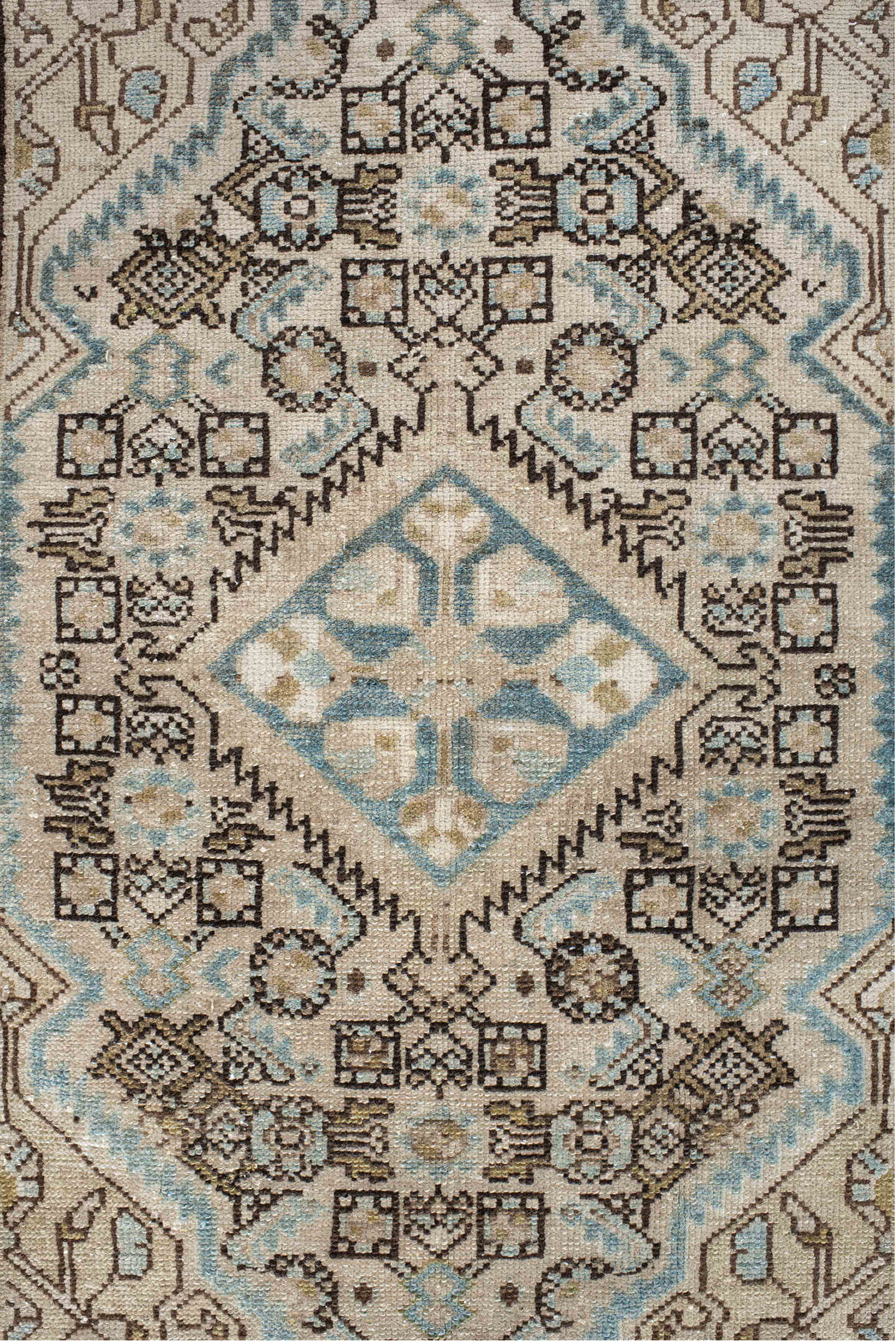 2' x 3' one-of-a-kind handmade vintage Malayer small size rug. Color palette: black, blue, brown, gray, light gray, linen