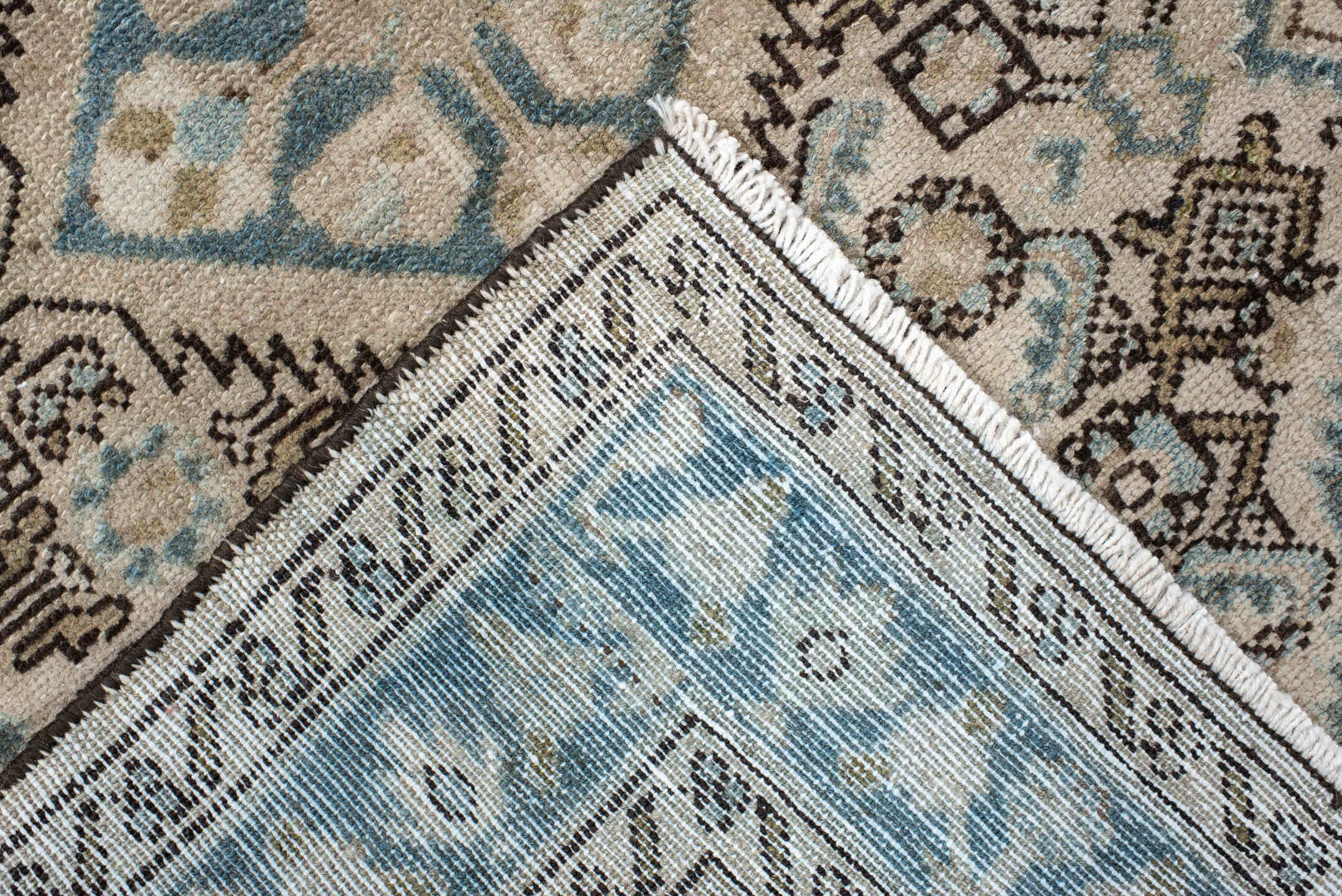 2' x 3' one-of-a-kind handmade vintage Malayer small size rug. Color palette: ivory, sky blue, brown, taupe, charcoal