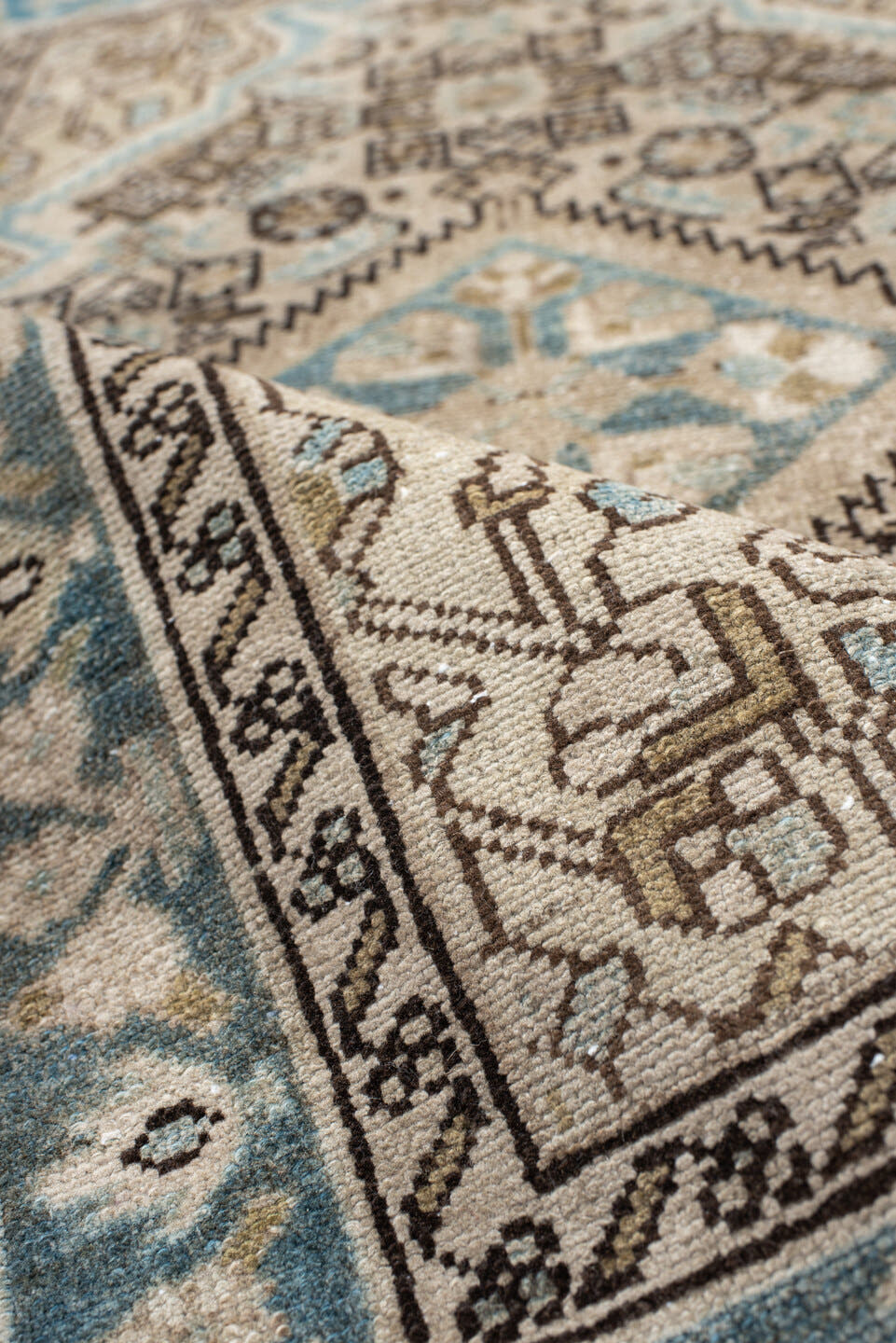 2' x 3' one-of-a-kind handmade vintage Malayer small size rug. Color palette: ivory, sky blue, brown, taupe, charcoal