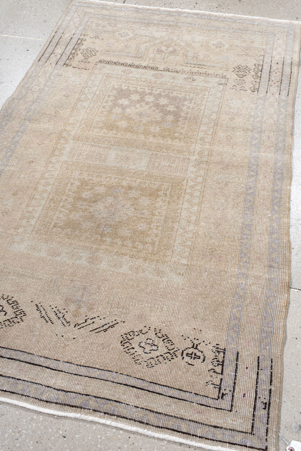 3' x 5' one-of-a-kind handmade antique Sparta small size rug. Color palette: ivory, taupe, beige, charcoal, greige, gray