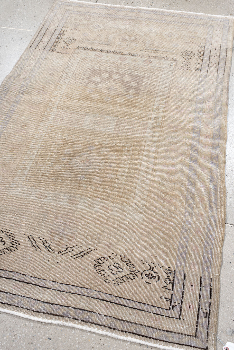 3' x 5' one-of-a-kind handmade antique Sparta small size rug. Color palette: ivory, taupe, beige, charcoal, greige, gray
