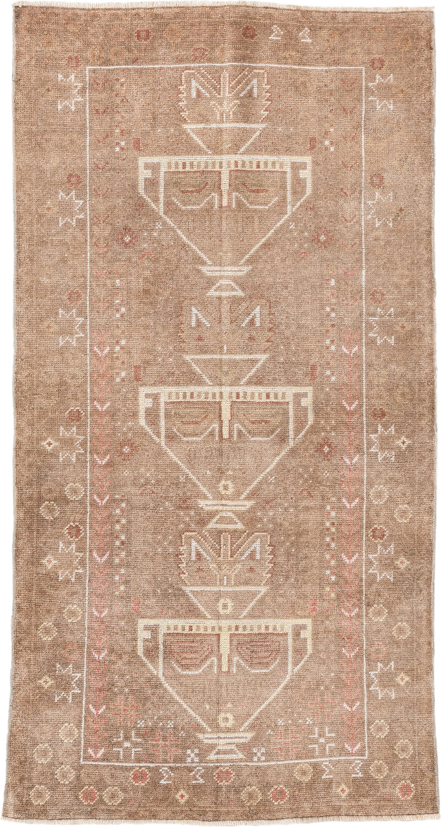 3' x 6' one-of-a-kind handmade antique Belouch small size rug. Color palette: camel, ivory, taupe, rose, rust, beige, gray
