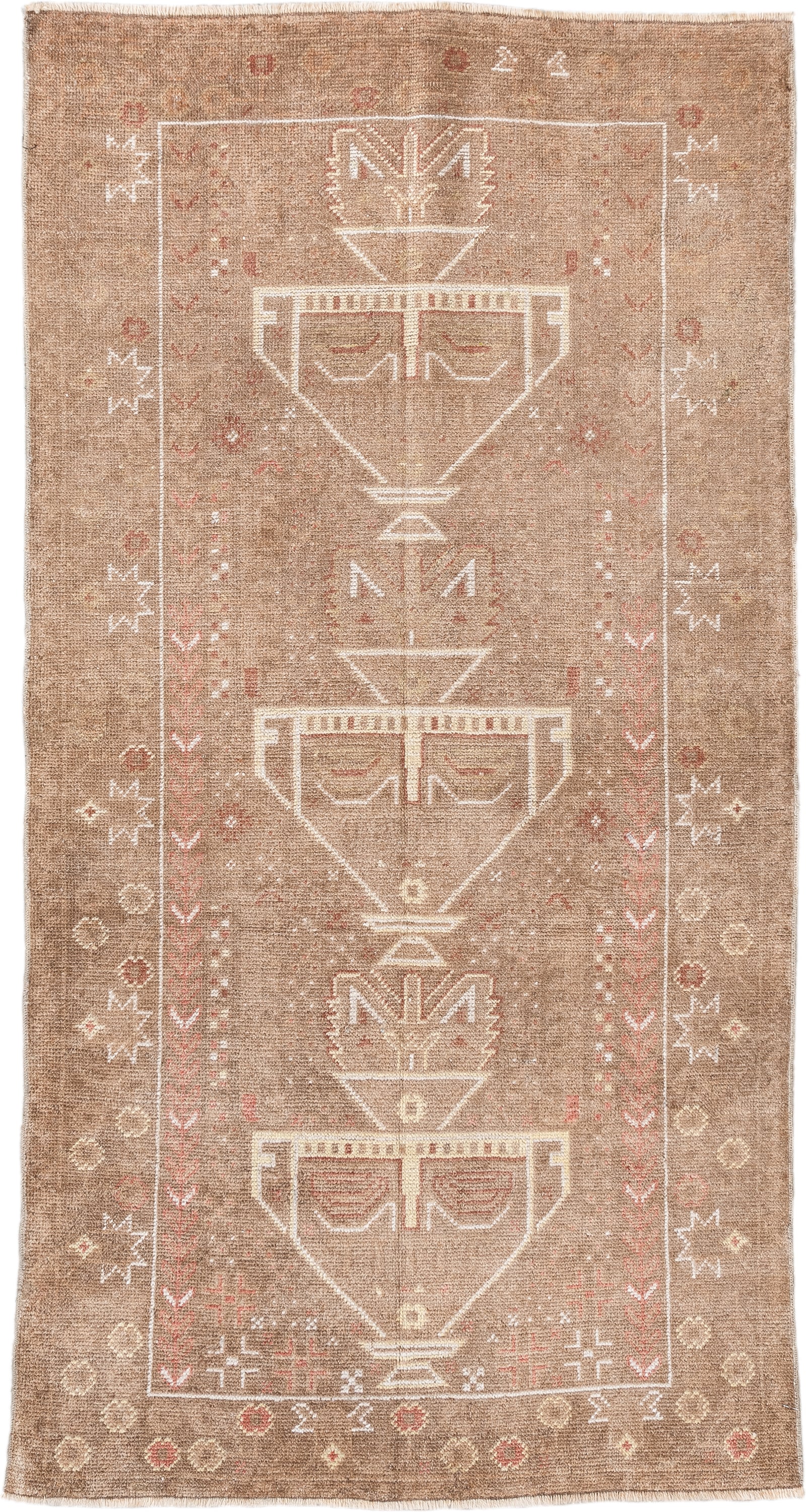 3' x 6' one-of-a-kind handmade antique Belouch small size rug. Color palette: camel, ivory, taupe, rose, rust, beige, gray