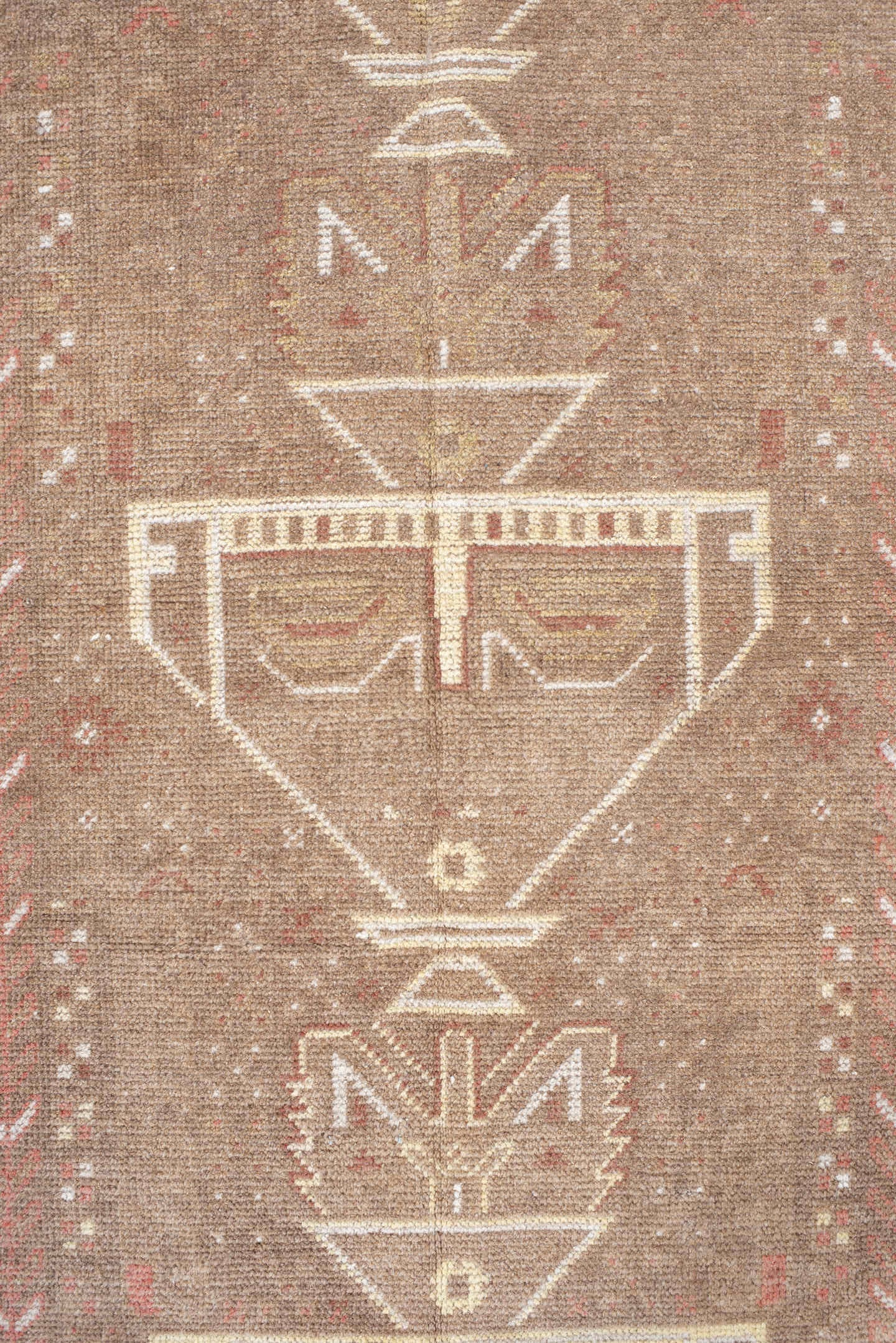 3' x 6' one-of-a-kind handmade antique Belouch small size rug. Color palette: camel, ivory, taupe, rose, rust, beige, gray