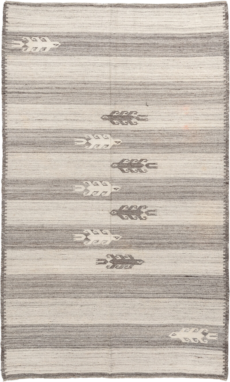 5' x 8' one-of-a-kind handmade antique Kilim medium size rug. Color palette: ivory, gray, charcoal, cream, black