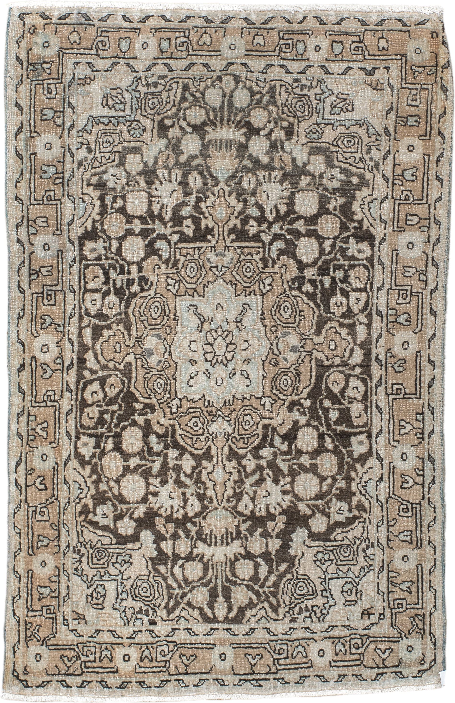 2' x 3' one-of-a-kind handmade antique Sarouk small size rug. Color palette: taupe, brown, ivory, charcoal, beige, gray