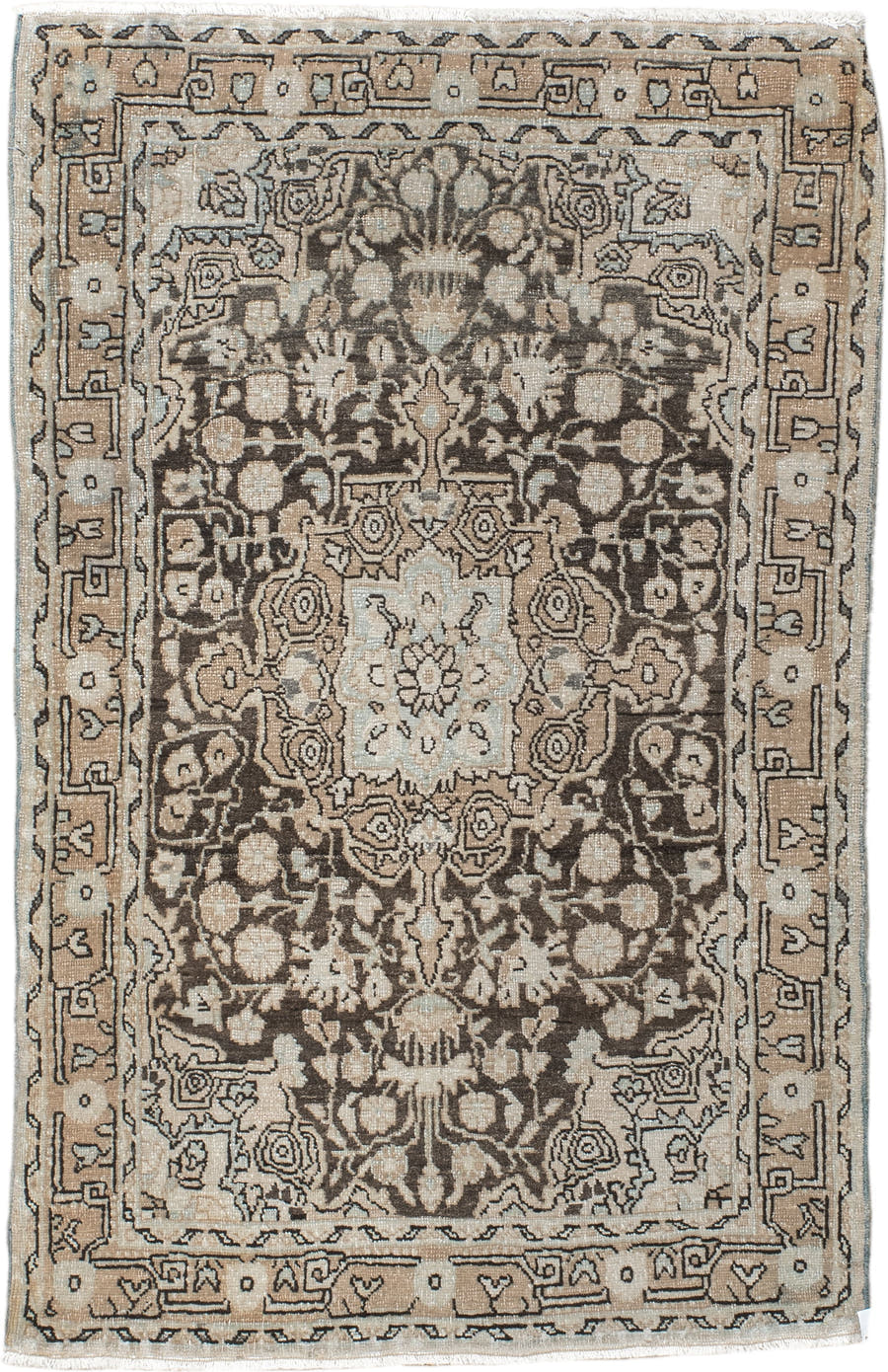 2' x 3' one-of-a-kind handmade antique Sarouk small size rug. Color palette: taupe, brown, ivory, charcoal, beige, gray