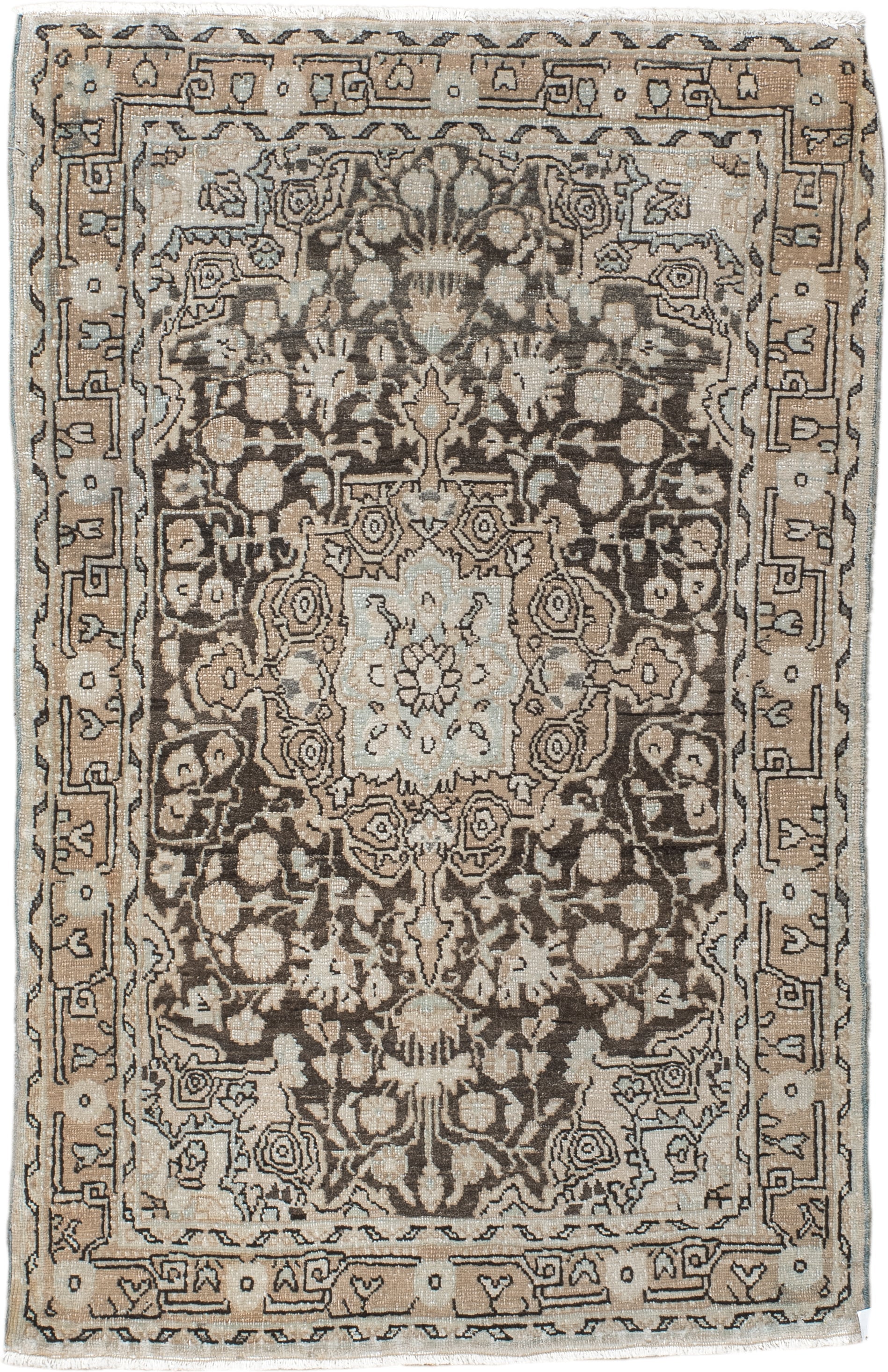 2' x 3' one-of-a-kind handmade antique Sarouk small size rug. Color palette: taupe, brown, ivory, charcoal, beige, gray