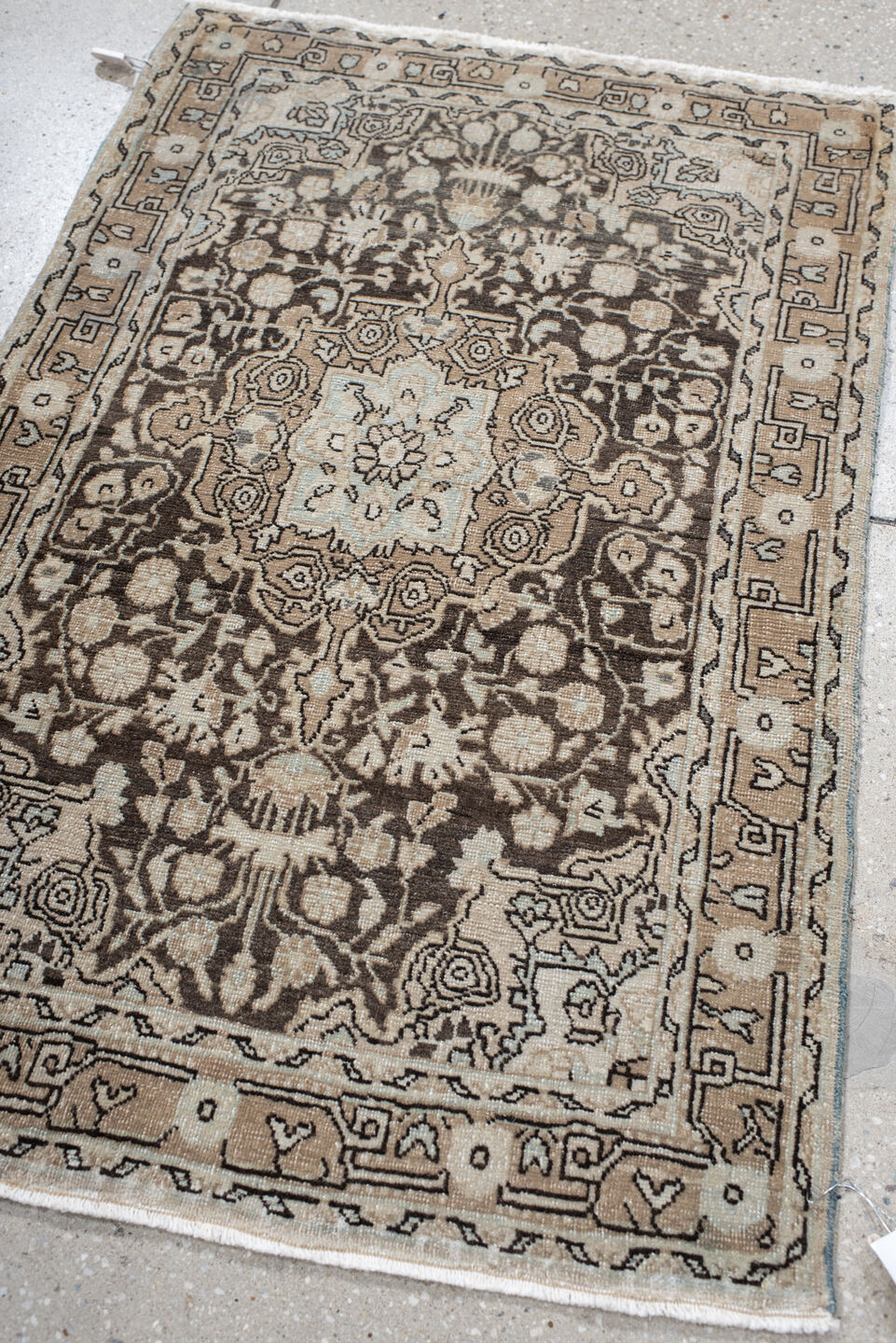 2' x 3' one-of-a-kind handmade antique Sarouk small size rug. Color palette: taupe, brown, ivory, charcoal, beige, gray