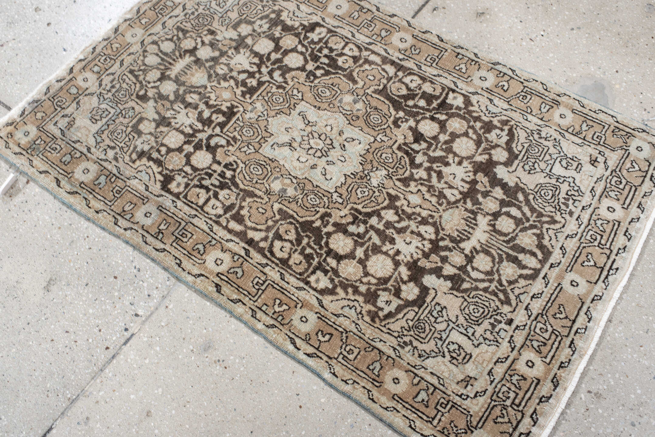 2' x 3' one-of-a-kind handmade antique Sarouk small size rug. Color palette: taupe, brown, ivory, charcoal, beige, gray