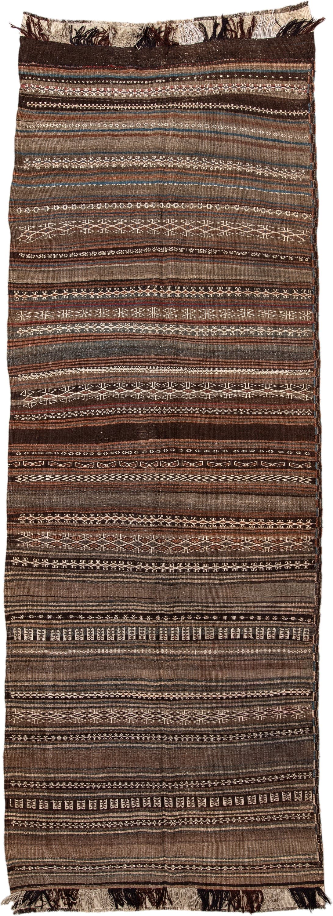 4' x 12' one-of-a-kind handmade antique Kilim runner rug. Color palette: brown, taupe, charcoal, ivory, camel, slate, beige